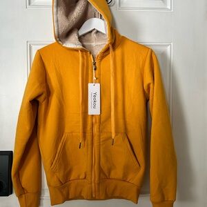 Yeokou Mustard Sherpa-Lined Zip Hoodie for Women